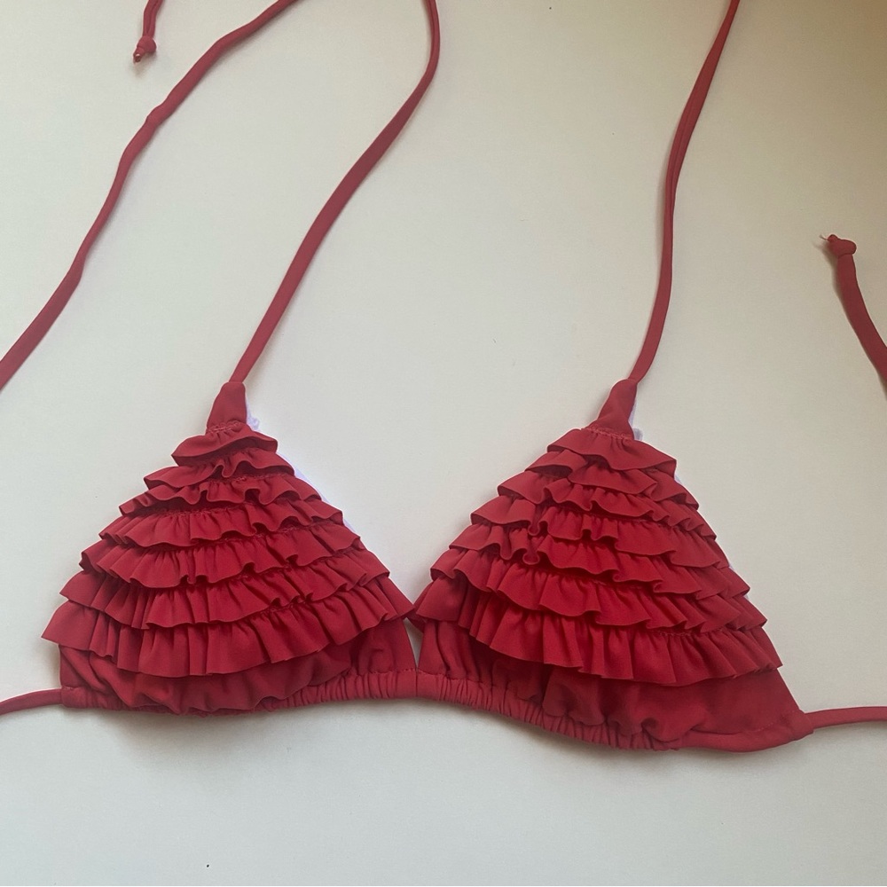 Plunge Red Ruffled Bikini Top Size Medium